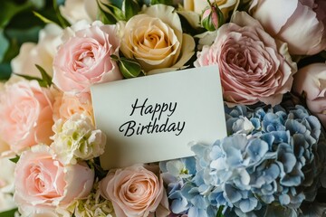 A bouquet of pastel-colored roses, peonies, and hydrangeas with a "Happy Birthday" card in the middle of them Generative AI