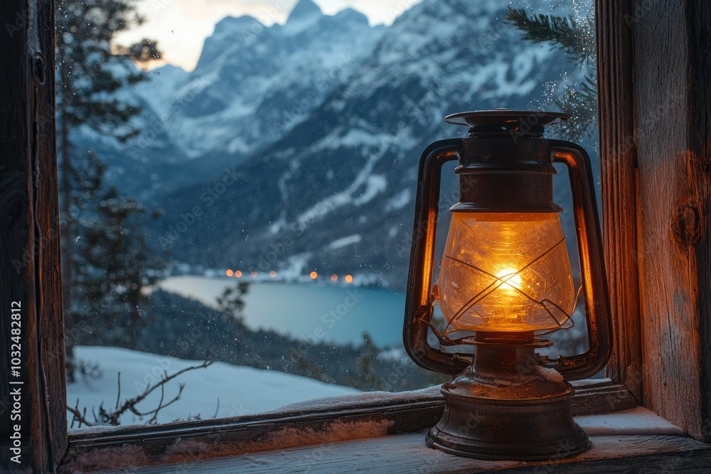 Poster lantern illuminating a snowy mountain view from a rustic window