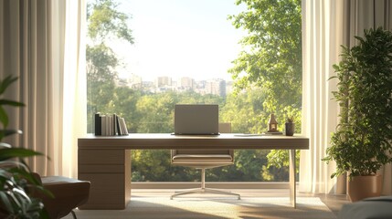 Naklejka premium Home office desk by the window overlooking green trees in full sunlight