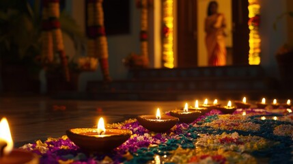 Festive diwali celebration with lit diyas and flower decorations at a traditional indian home entrance