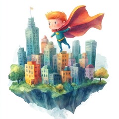 Cute Watercolor Superhero over Isometric Cityscape
