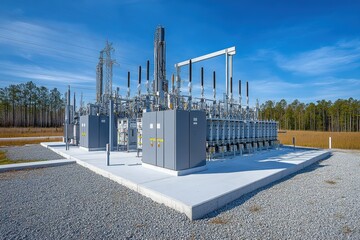 Electrical substation supplying power on sunny day with blue sky