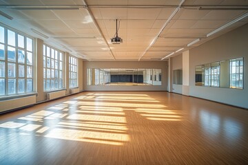 Empty dance studio with sunlight shining through windows