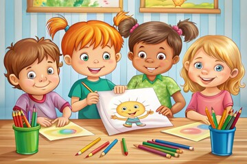 Fototapeta premium Children drawing with pencils. Illustration, smiling children have decorated the decoration and show the result
