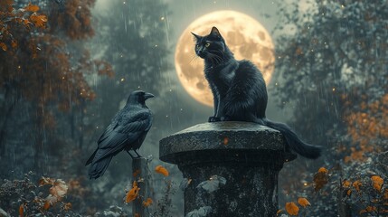 A black cat and crow perched on a stone post under a full moon in a foggy forest.