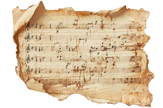 Aged, torn sheet music with musical notes, evoking nostalgia and history, ideal for vintage music lovers and historical themes.