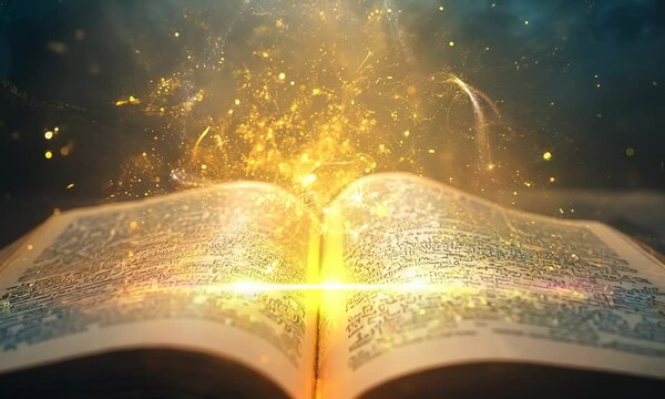 Open Bible with fiery world map page, creating dramatic atmosphere. Religious study.
