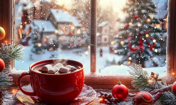 Red mug with marshmallows and hot chocolate on plate, near Christmas decorations. Festive drink.