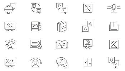 Language line icon set. Languages, translation, speaking, writing, listening, peech, non-verbal, writing, speaking, dictionary, text line icon set. UI thin line icon pack.