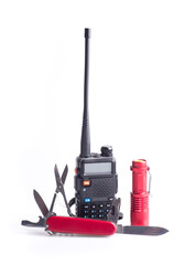 knife, radio and flashlight