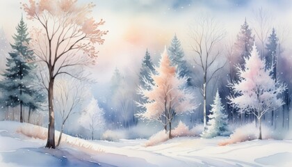 Fototapeta premium Delicate snowflakes drift gently through the air while pale pink and white trees stand majestically, creating a peaceful winter wonderland at dawn, watercolor