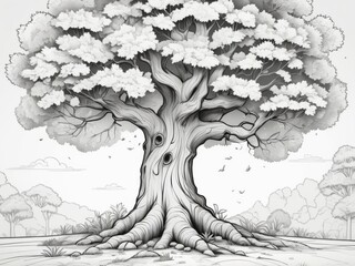 Childrens coloring book cartoon family on nature. Big old tree, oak