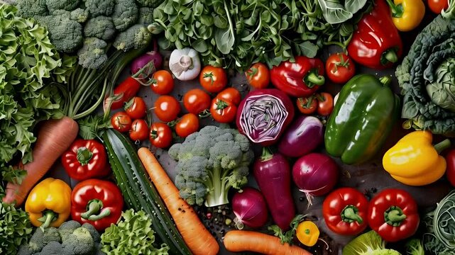 Fresh organic vegetables in a colourful display of red, green, yellow, and orange.