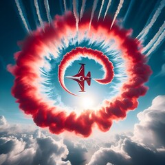 Obraz premium Wide-Angle View of Jet Performing Aerial Acrobatics with Turkish Flag Smoke Trail Against a Blue Sky – Dynamic and Dramatic Aerial Show