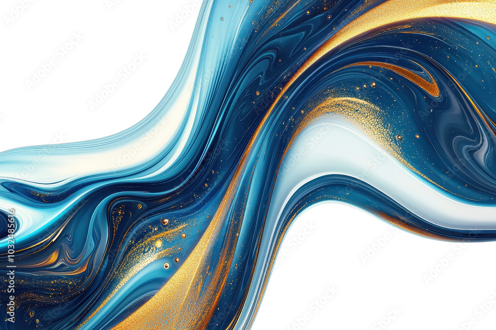 Poster abstract art with swirling blue, gold, and white patterns creating a fluid, dynamic design. perfect 