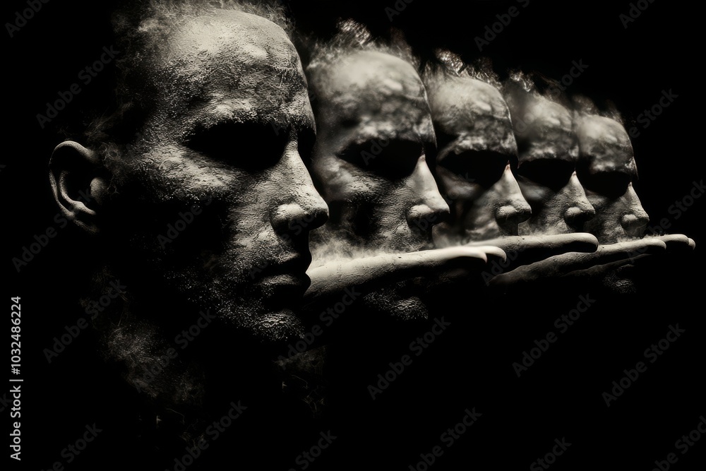 Poster dark profile of a man’s face repeated in a row symbolizing self reflection identity and introspectio