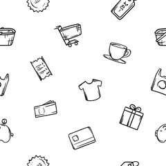 Simple black and white seamless pattern with shopping cart, gift, money and shopping. Vector background for store design, wrapping paper, showcase, banner. Icons related to shopping, black friday