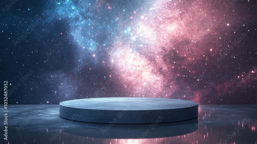 Poster a circular platform stands on a reflective surface, bathed in the glow of a vibrant galaxy filled wi