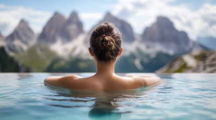 A person is seen from behind, resting against the pool edge with majestic mountains in the background, creating a peaceful scene with clear blue waters and vivid skies.