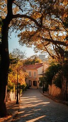 Naklejka premium A cobblestone street lined with trees in the fall, with a house in the distance.