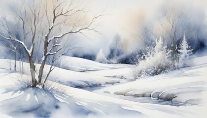 A tranquil winter morning unfolds as the sun gently rises, illuminating a peaceful river winding through a snowy terrain. Frosted trees add charm to the serene atmosphere, watercolor