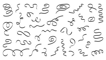 Exploding confetti and ribbon doodle drawing. Black marker line art vector. Party, carnival decoration linear icon set 