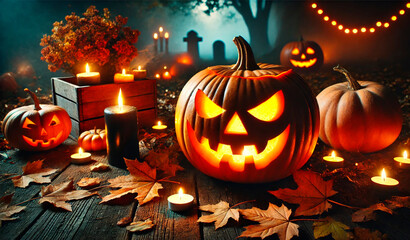 Fototapeta premium Spooky Halloween Jack-o'-Lanterns with Candles in a Dark Forest Setting