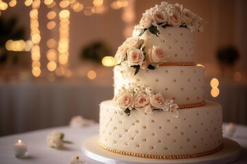 Elegant three-tier wedding cake decorated with white roses, set against a softly-lit background, perfect for celebrations.