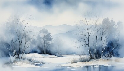 Bare trees stand against a soft backdrop of misty blue mountains, while a tranquil river winds through the snow-covered ground, evoking a sense of winter calm, watercolor