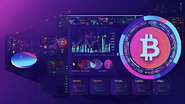 Bitcoin logo in center of futuristic technological graphic with bar charts, pie charts, and data points.