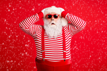 Portrait of his he nice handsome attractive wondered amazed grey-haired Santa festal bargain...