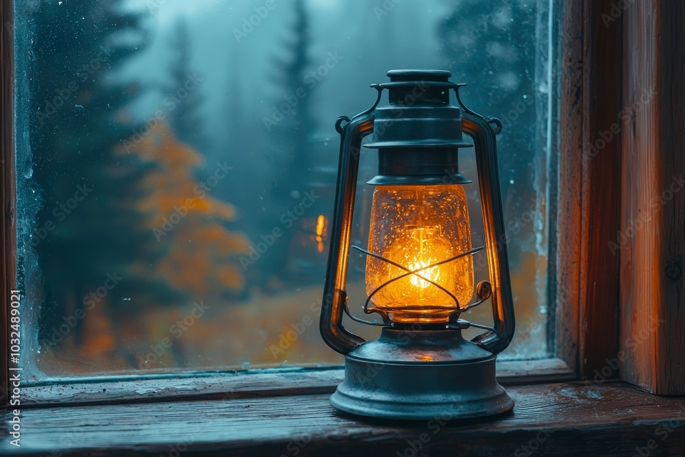 Poster a lighted lantern on a windowsill with a misty forest view
