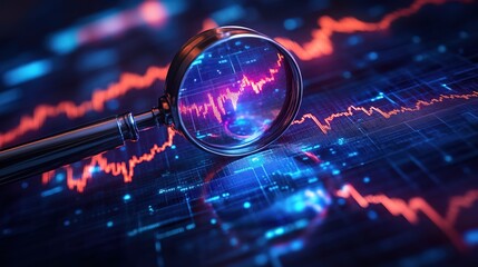 Magnifying glass examining glowing Upward arrow chart
