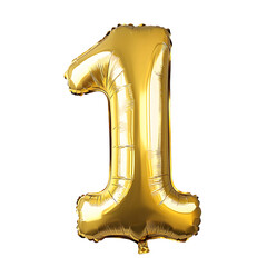 Fototapeta premium A shiny gold foil number one balloon floats in a neutral space