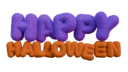 A vibrant 3D illustration featuring the text "Happy Halloween" with fluffy, volumetric letters in purple and orange, set against a transparent background. Perfect for festive designs.