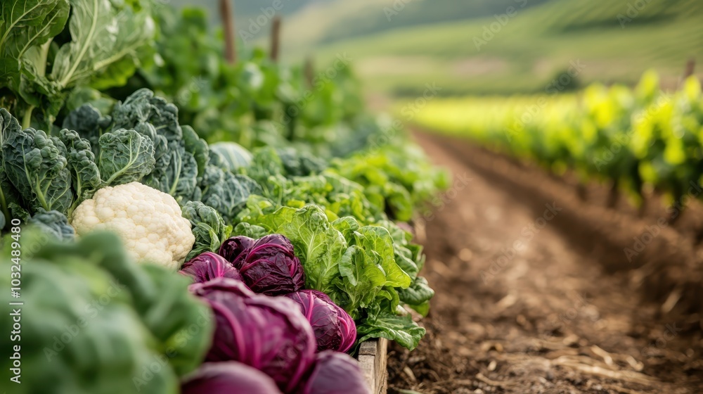 Wall mural lush farm rows filled with an assortment of green vegetables, including leafy greens and a lone caul