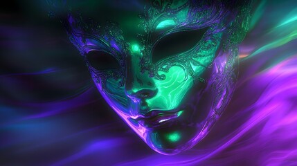 Iridescent emerald green and royal purple light softly radiating outward behind a mysterious mask
