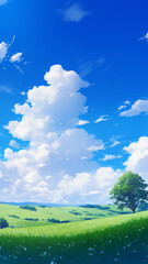 Obraz premium Anime style landscape of summer fields with green grass and clouds wonderful summer feeling