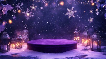 A purple platform sits in a snowy setting with a dark winter sky above. Several lanterns are lit, providing warm light to the scene.