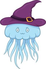adorable cartoon jellyfish with a witch hat