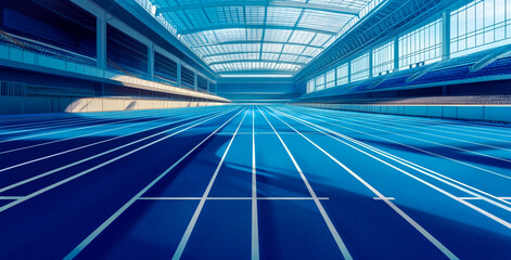 A blue running track with white lines, the overall view of which is a long strip.