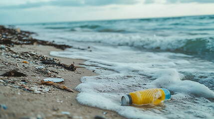 Heavily Polluted Beach Strewn with Ocean Garbage and Debris