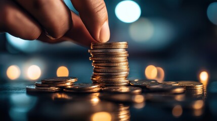 A symbolic shot of a hand stacking coins on a dark surface, evoking themes of finance, prosperity, and investment.