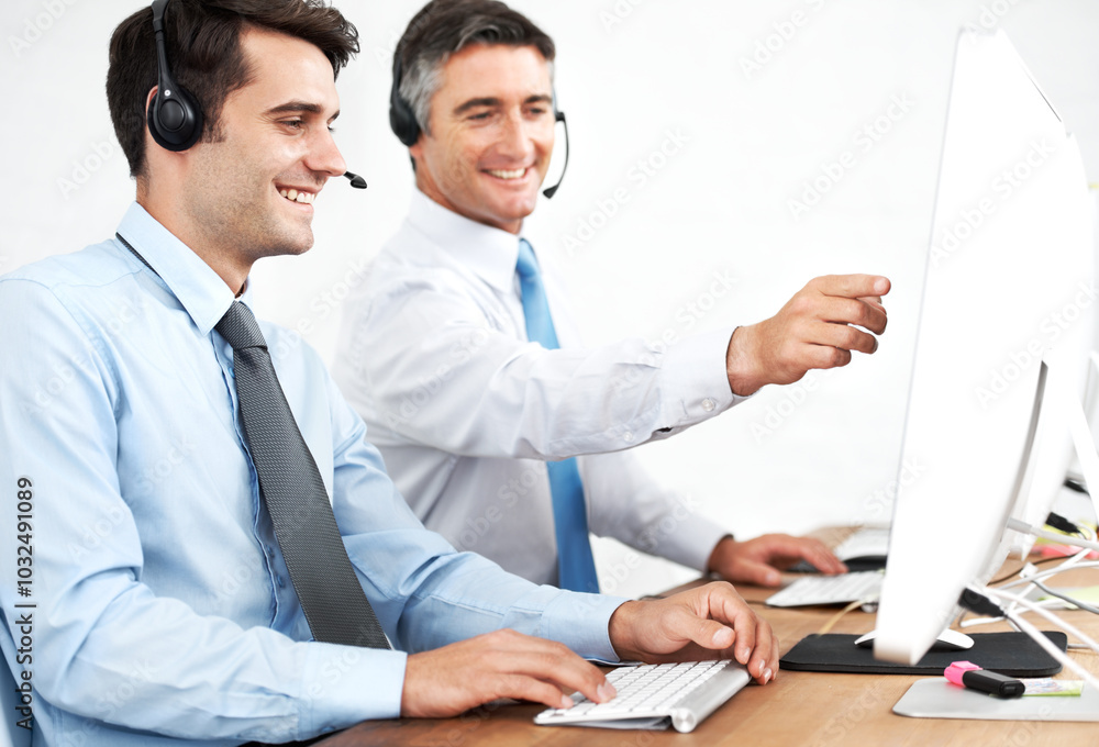 Poster Call center, agent and mentor for training with computer, web support or customer service with pointing for learning. Help desk, consultant with coach and men for technical assistance for advice