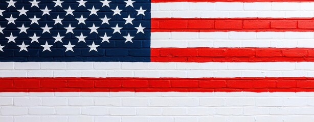 Fototapeta premium American flag painted on a brick wall, vibrant colors, rustic texture.