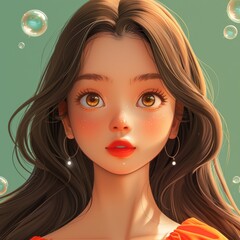 An illustration of a young woman with striking blue eyes and bold features, representing modern beauty and elegance.