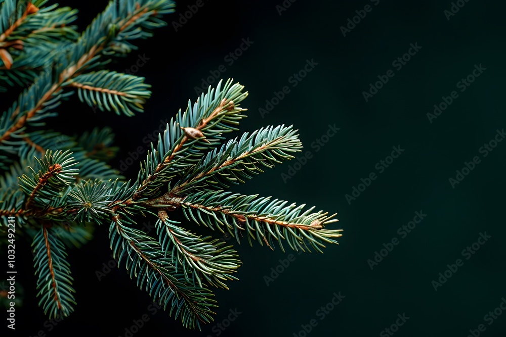 Poster close-up of a spruce tree branch against a dark background