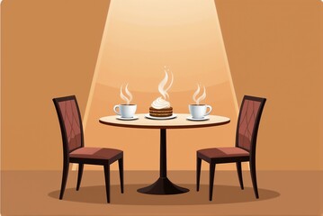 Cozy cafe table with steaming cups and dessert under warm lighting on a simple background