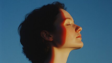 A woman with short dark hair, eyes closed, faces the setting sun, bathed in golden light.  Her face is serene,  enjoying the warmth.