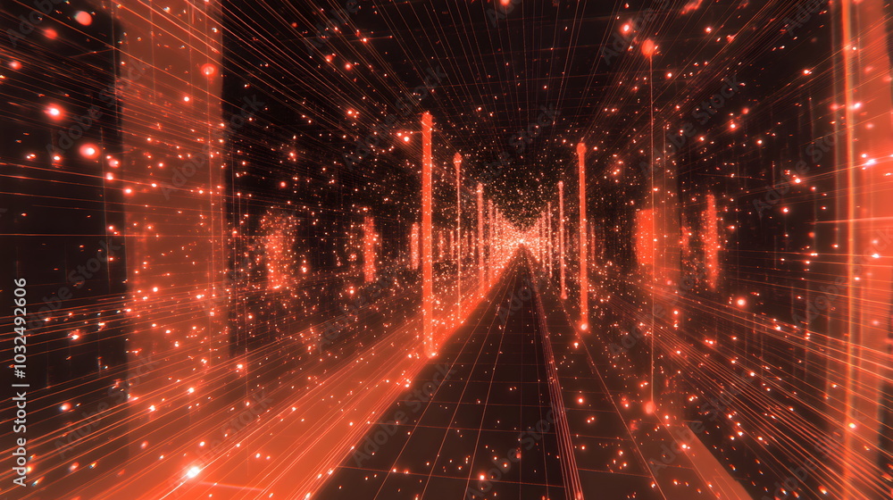 Poster A vector illustration of a fast-paced technology concept, flat colors with a gradient from black to neon orange. Dots and lines create a dynamic, perspective-based web, with the vanishing point